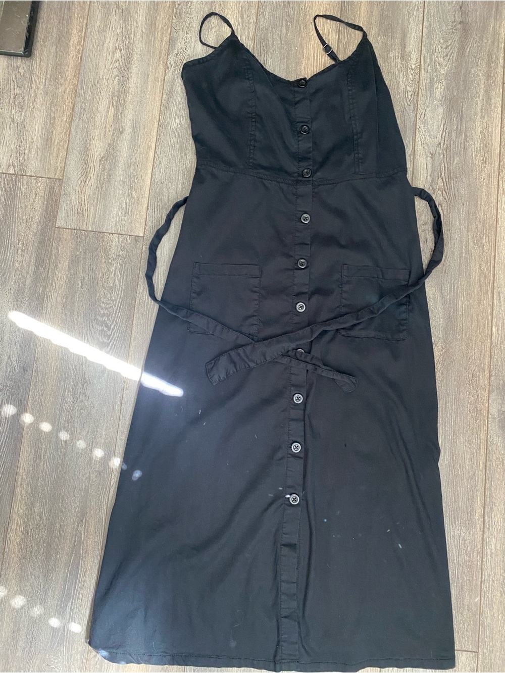 Women's Black Button-Front Midi Slip Dress with Waist Tie